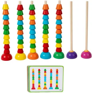 Wooden Stacking Ring Toy Set, Educational Color Pattern Matching Game with Activity Cards, Rainbow Colors