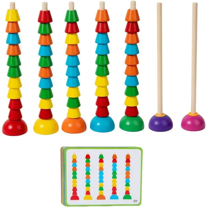 Wooden Stacking Ring Toy Set, Educational Color Pattern Matching Game with Activity Cards, Rainbow Colors