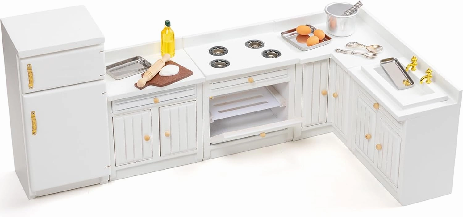 Wooden Dollhouse Furniture 1 12 Scale - Doll House Furniture Toys for Dollhouse Kitchen Incl Cabinets & Refrigerator & Mixing Bowls & Cake Pans and Other Miniture House Furniture