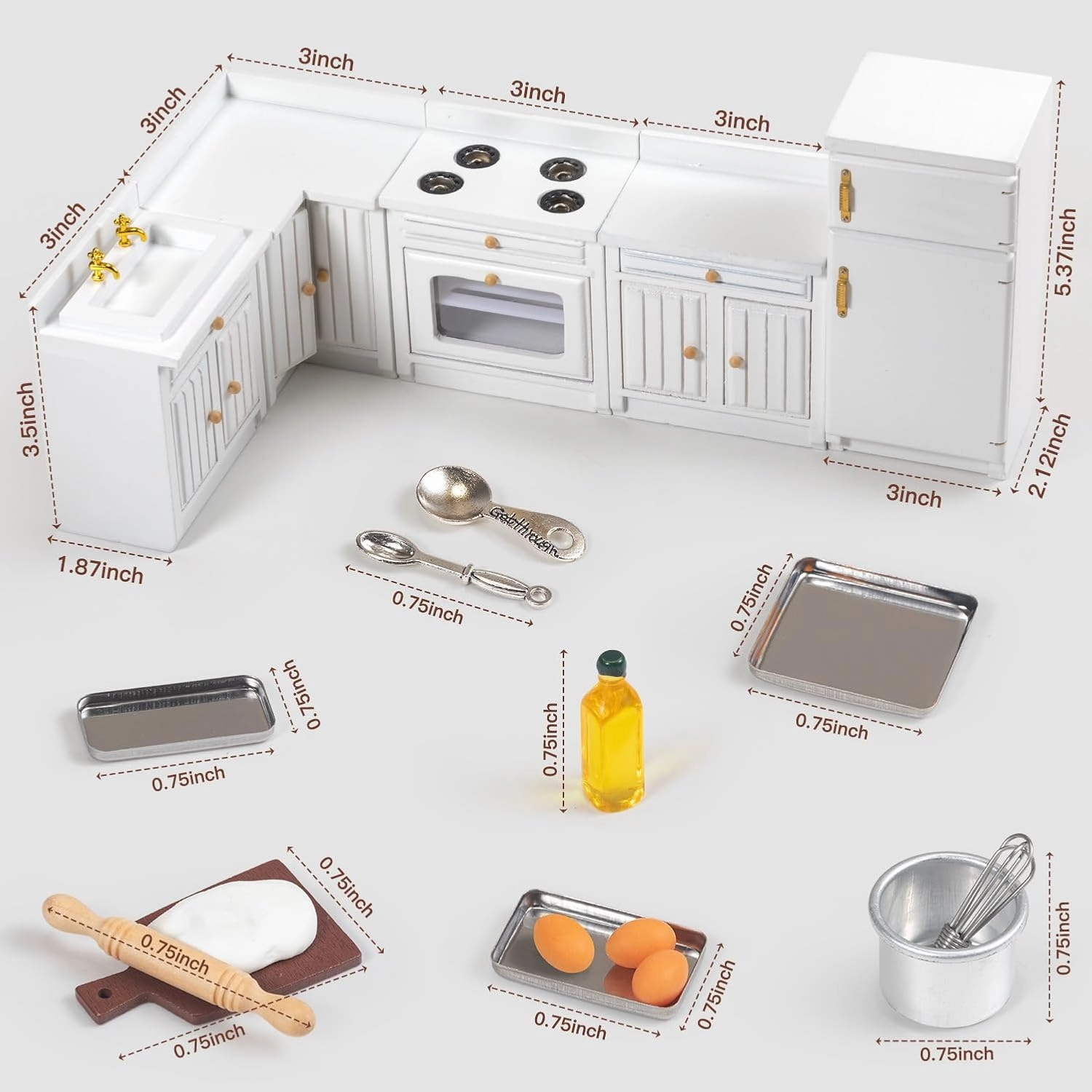 Wooden Dollhouse Furniture 1 12 Scale - Doll House Furniture Toys for Dollhouse Kitchen Incl Cabinets & Refrigerator & Mixing Bowls & Cake Pans and Other Miniture House Furniture