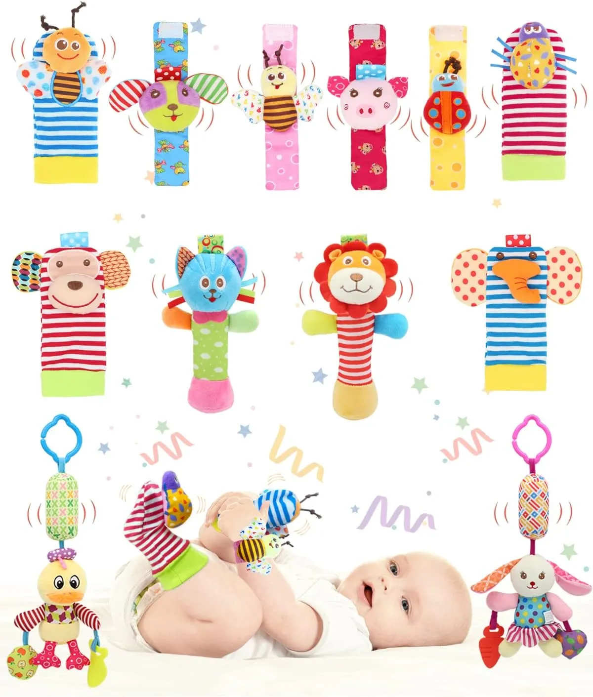 Wrist Rattle Foot Sock Rattles, Hand Arm Leg Ankle Handheld Rattles, Hanging Rattle Clip On Car Seat & Stroller, Sensory Plush Animal Toys for Newborn Baby Girls and Boys (B12)