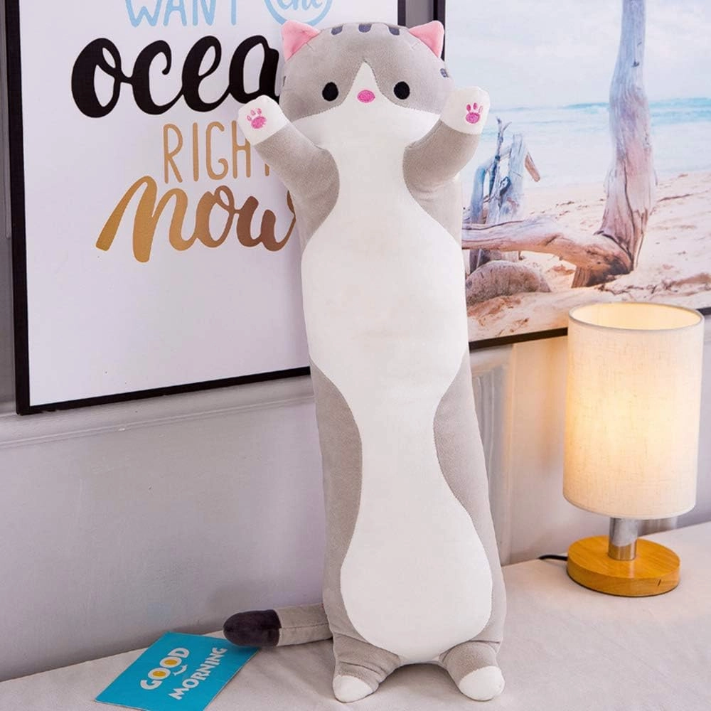 WUYU Lovely Plush Cat Doll Cute Cartoon Soft Stuffed Kitten Pillow Long Throw Sleeping Pillow Doll Toy Gift for Kids Girlfriend Multiple Size (Grey,130cm/51.1in)