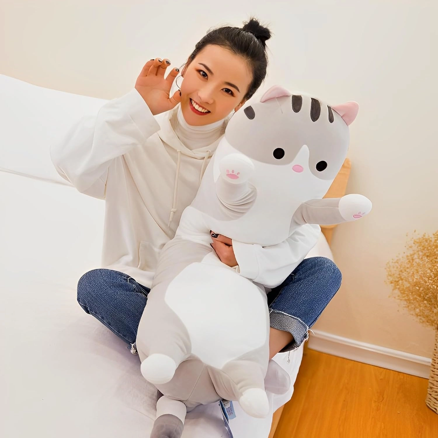 WUYU Lovely Plush Cat Doll Cute Cartoon Soft Stuffed Kitten Pillow Long Throw Sleeping Pillow Doll Toy Gift for Kids Girlfriend Multiple Size (Grey,130cm/51.1in)