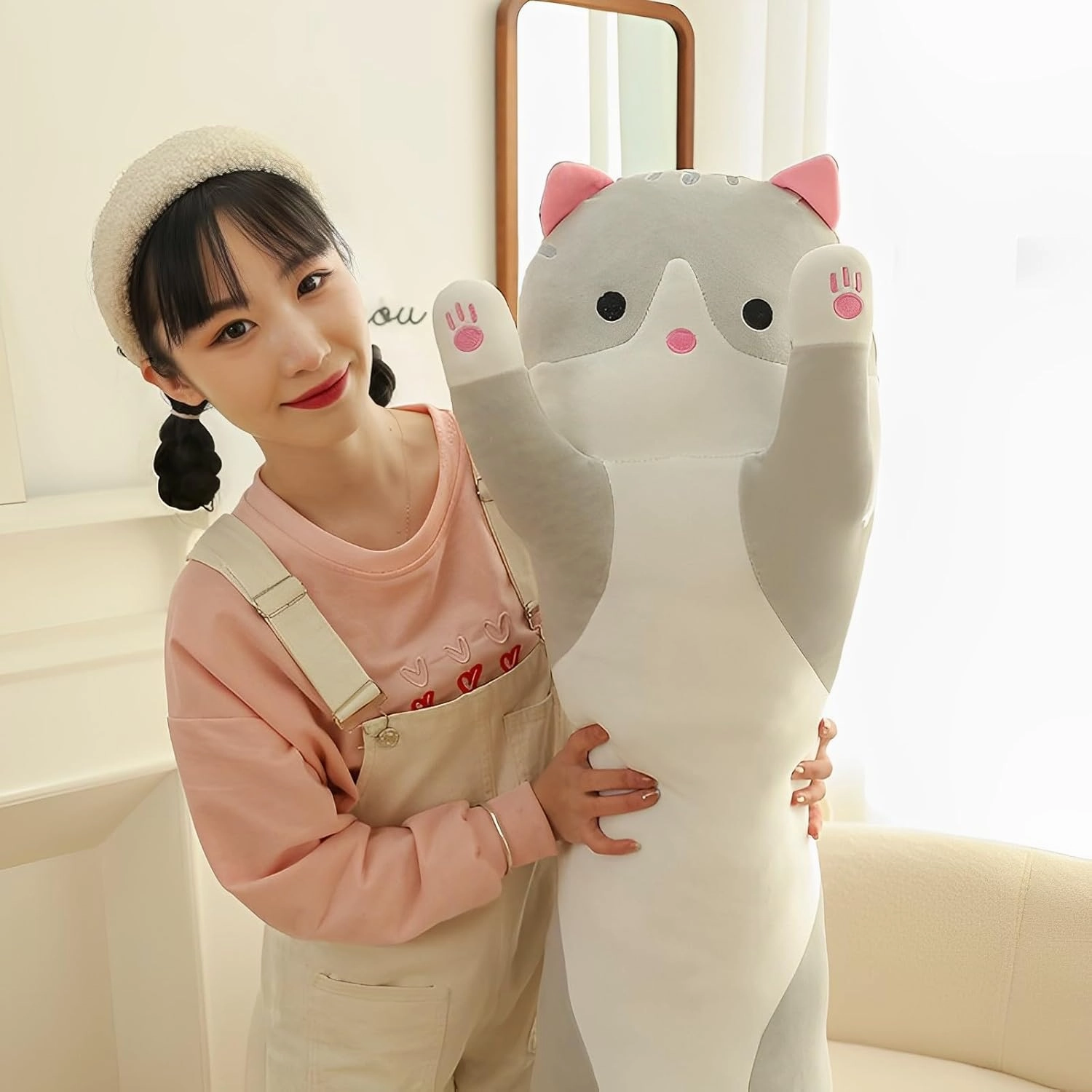 WUYU Lovely Plush Cat Doll Cute Cartoon Soft Stuffed Kitten Pillow Long Throw Sleeping Pillow Doll Toy Gift for Kids Girlfriend Multiple Size (Grey,130cm/51.1in)