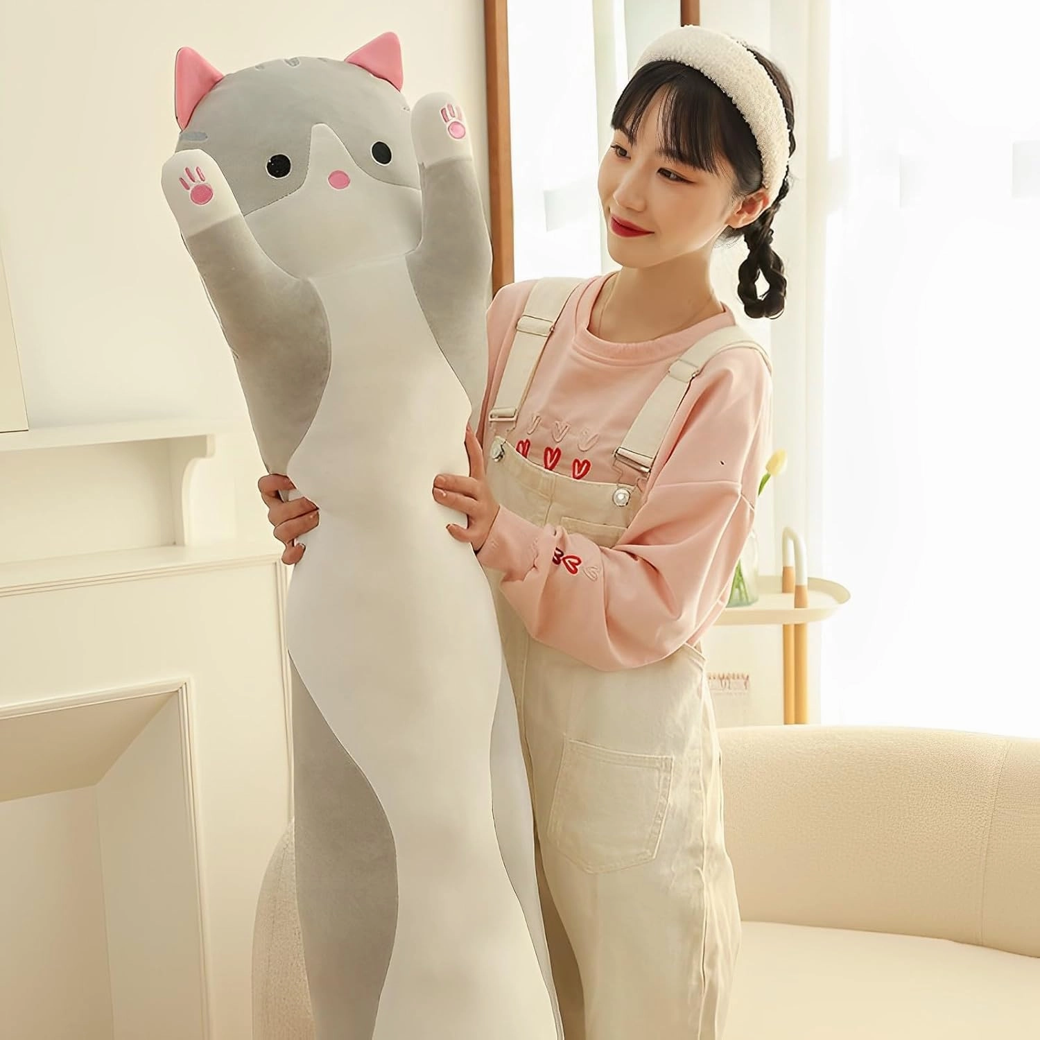 WUYU Lovely Plush Cat Doll Cute Cartoon Soft Stuffed Kitten Pillow Long Throw Sleeping Pillow Doll Toy Gift for Kids Girlfriend Multiple Size (Grey,130cm/51.1in)