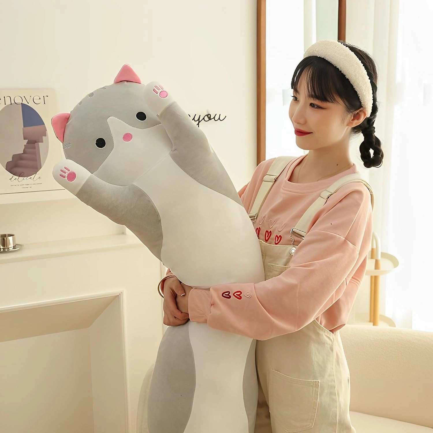 WUYU Lovely Plush Cat Doll Cute Cartoon Soft Stuffed Kitten Pillow Long Throw Sleeping Pillow Doll Toy Gift for Kids Girlfriend Multiple Size (Grey,130cm/51.1in)