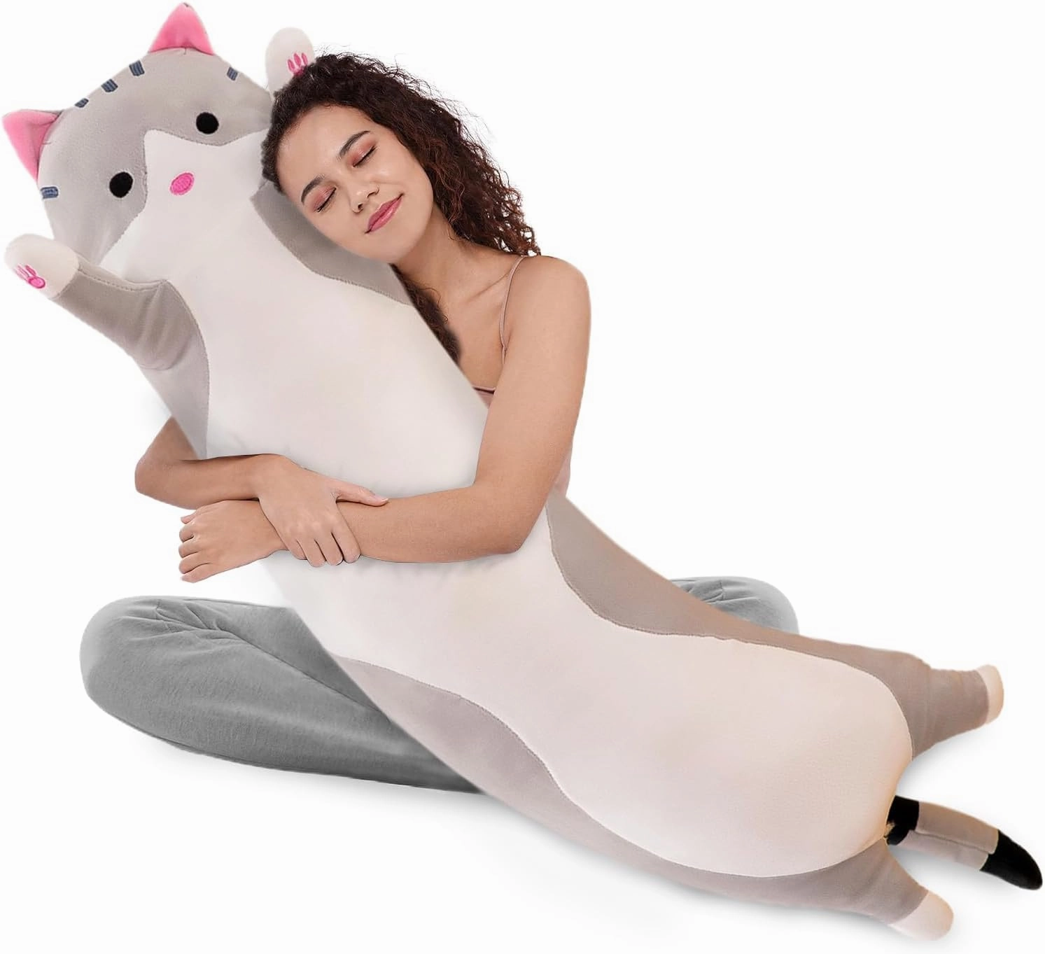WUYU Lovely Plush Cat Doll Cute Cartoon Soft Stuffed Kitten Pillow Long Throw Sleeping Pillow Doll Toy Gift for Kids Girlfriend Multiple Size (Grey,130cm/51.1in)