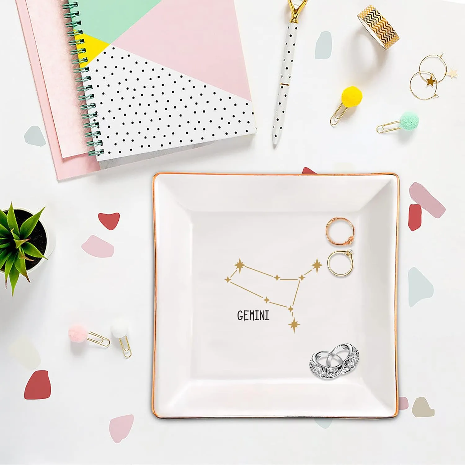 XJF Gemini Zodiac Ring Dish, Astrology Sign Ring or Necklace Ceramic Trinket Tray, Constellation Gifts for Women, Astrology Birthday Gift for Her - Gemini