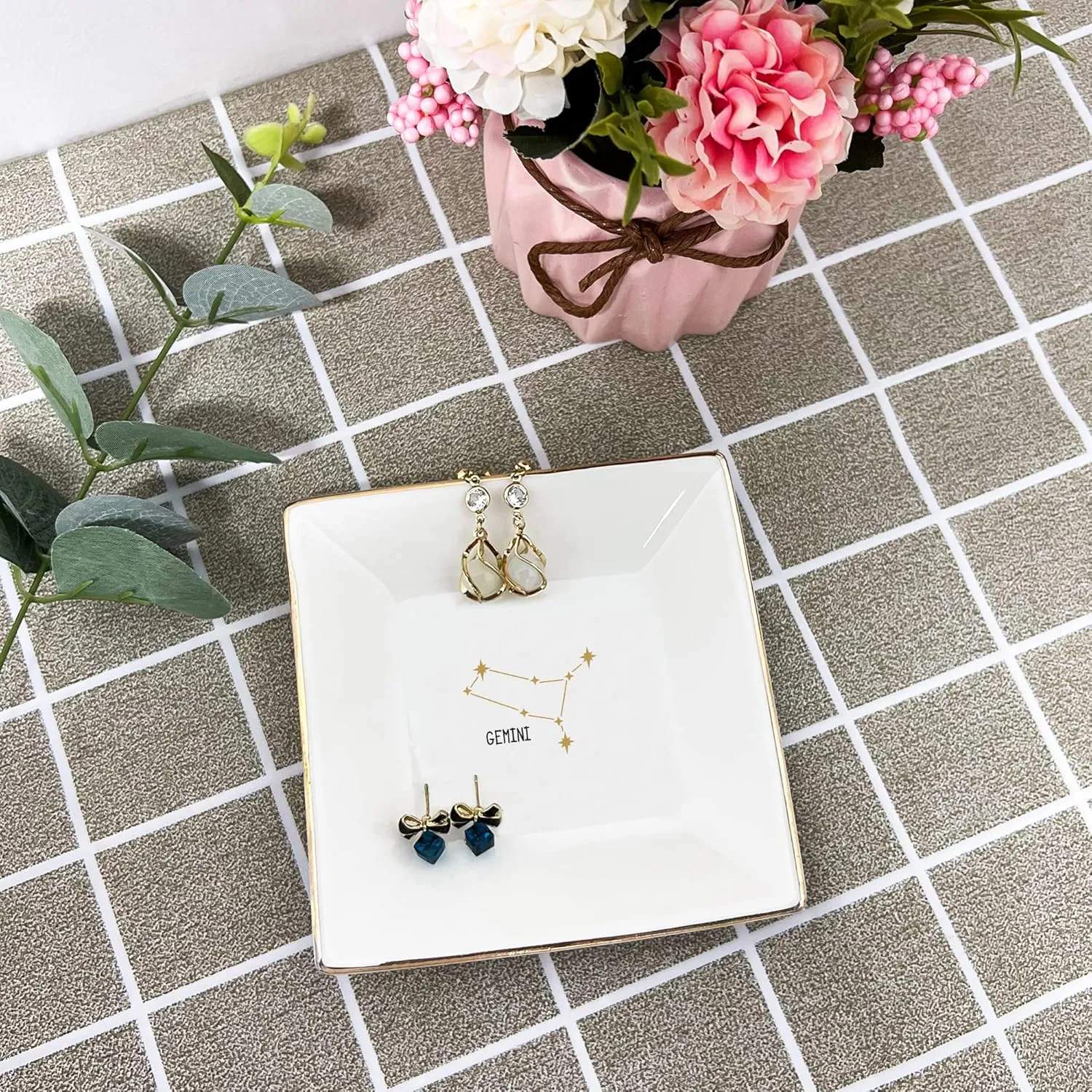 XJF Gemini Zodiac Ring Dish, Astrology Sign Ring or Necklace Ceramic Trinket Tray, Constellation Gifts for Women, Astrology Birthday Gift for Her - Gemini