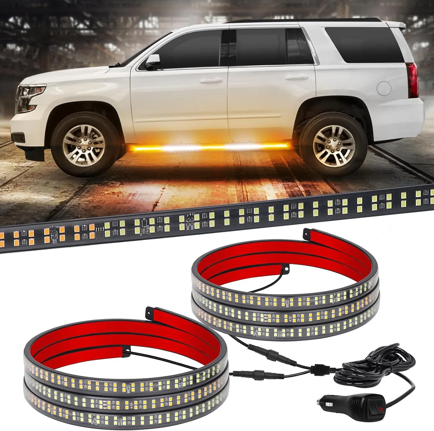 XRIDONSEN 2PCS 60 inch Emergency Truck Strobe Lights Strip 720 LED Running Board Lights Bar Amber White Flashing Warning Hazard Safety Side Step Lights for Trucks Construction Vehicles Pickup SUV JEEP