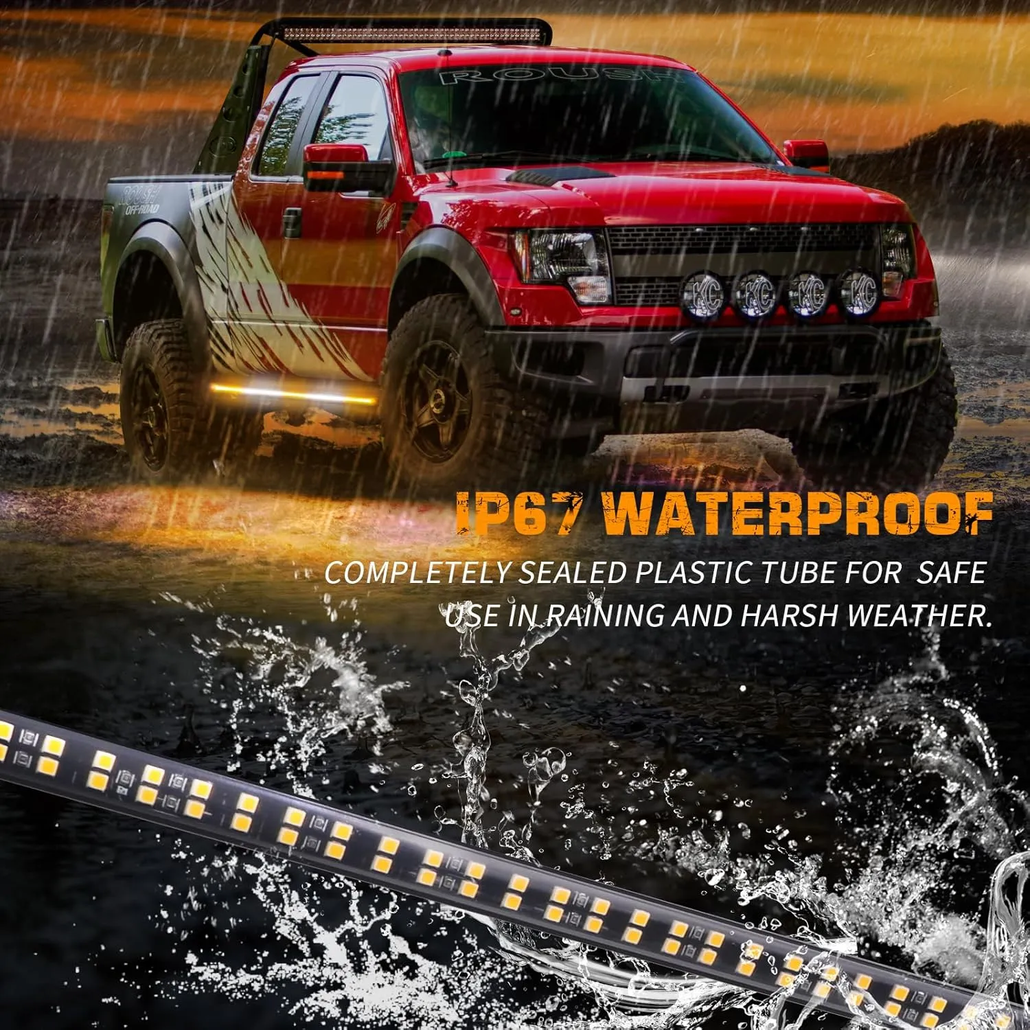 XRIDONSEN 2PCS 60 inch Emergency Truck Strobe Lights Strip 720 LED Running Board Lights Bar Amber White Flashing Warning Hazard Safety Side Step Lights for Trucks Construction Vehicles Pickup SUV JEEP