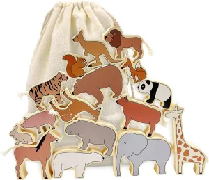 Xylolin Wooden Zoo Animal Blocks Stacking and Balancing Toy, Toddler Wood Animal Figures Blocks Imaginative Play, Preschool Educational Toys and Stack Balance Games for Kids