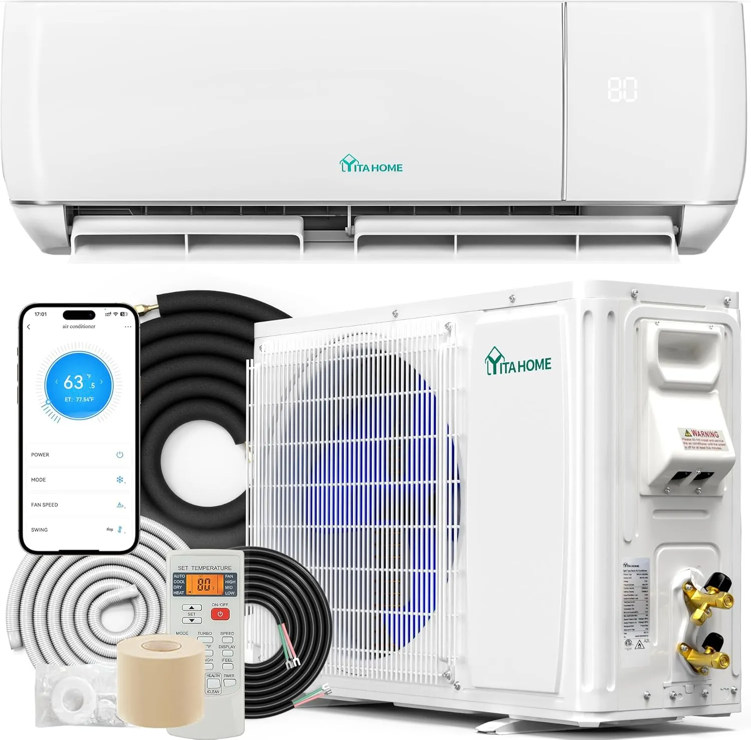 YITAHOME 12000 BTU Mini Split Air Conditioner Heat Pump System, Wifi Enabled 20 SEER2 115V Ductless AC Cool Up to 750 Sq. Ft, Compatible with Alexa, Complete Installation Kit, White